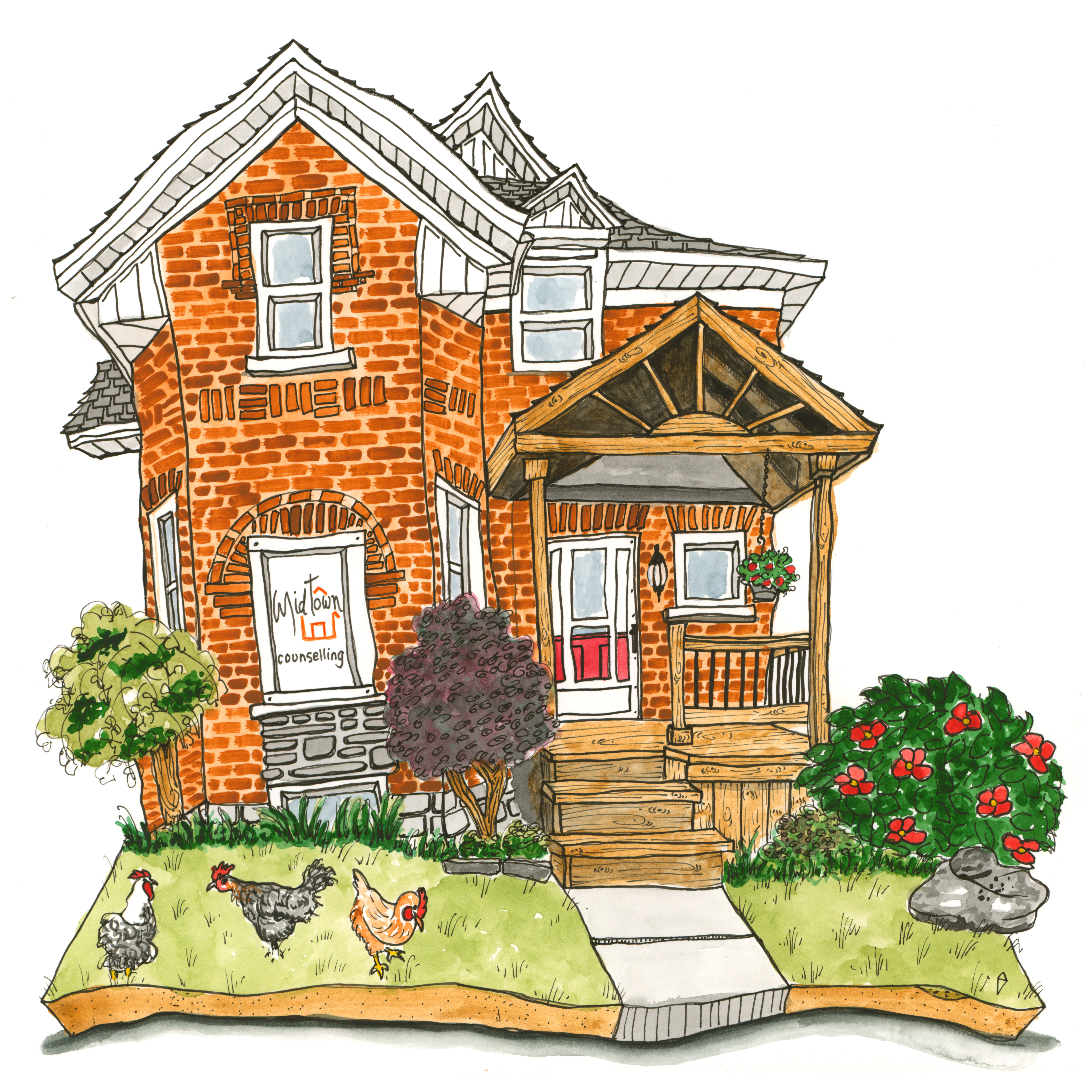the clinic artistic representation of a brick house, the Midtown Counselling clinic.